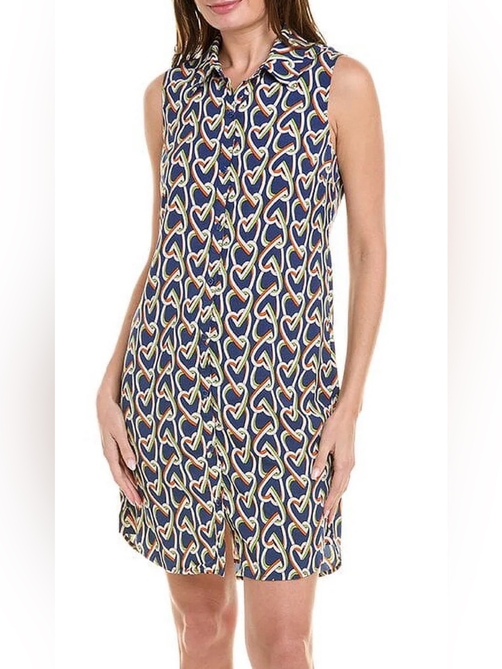 Cabi Sleeveless Shirt Dress Size S Blue Multicolor Chain Link Button Front Shift